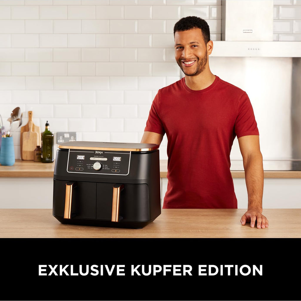 Ninja Foodi MAX Dual Zone Heißluftfritteuse AF400EUCP Amazon Exclusive, â€?470 Watt , 9,5 L, 2 Heißluft-Frittierfächer, 6 Funktionen, 27 x 41.5 x 32.5 cm, Kupfer/Schwarz