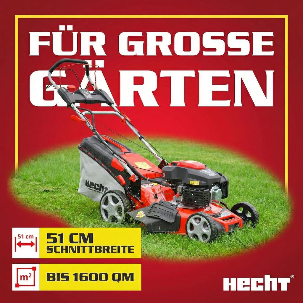 HECHT 5-IN-1 Benzin Rasenmäher - leistungsstarker 4 Takt Motor 4,0 kW (5,5 PS) - Elektrostart - 51 cm Schnittbreite - 65 l Fangkorb - Radantrieb - patentierte Räder - Mulchmäher Rasenmäher
