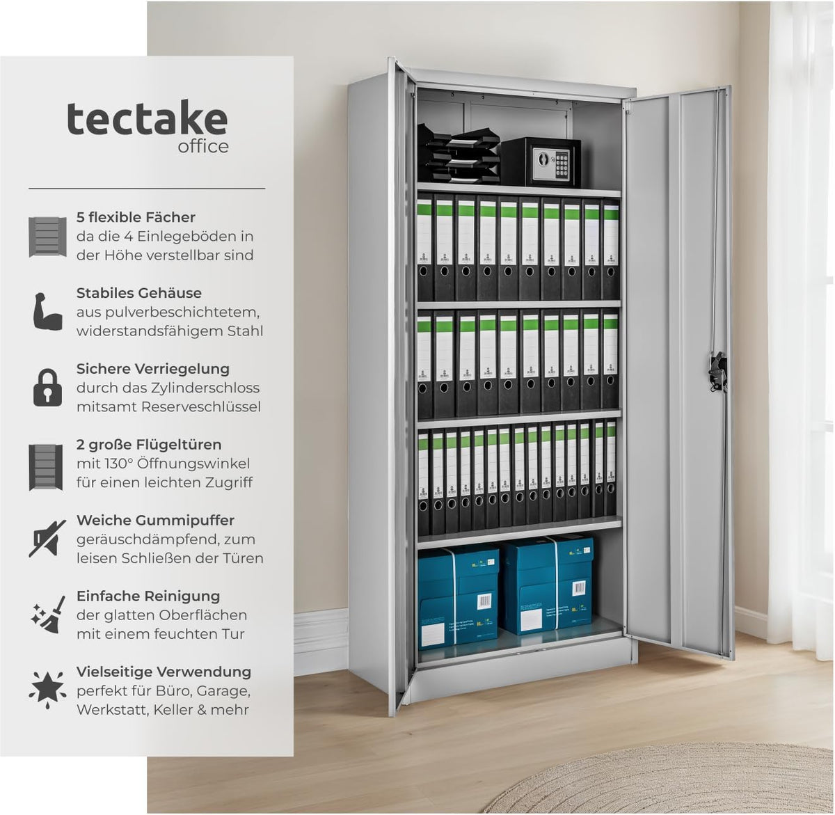 tectake® Aktenschrank, Büroschrank abschließbar, Mehrzweckschrank aus Stahl, Allzweckschrank mit 2 Türen, inkl. 3 höhenverstellbare Einlegeböden, Aktenschrank abschließbar 180x80x40 cm - grau