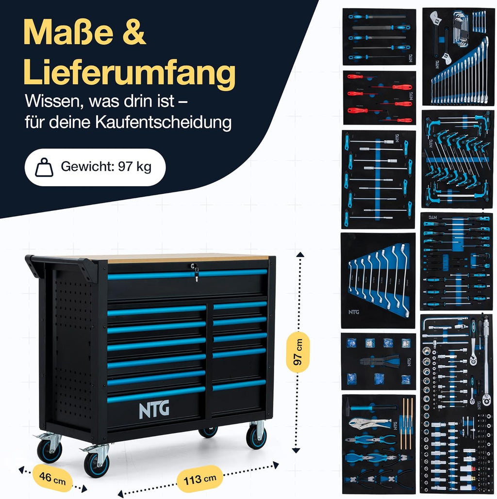 NTG Werkzeugwagen XXL â€?471-tlg. bestückt â€?12 Schubladen mit Holzarbeitsplatte, abschließbar, mobil auf Rollen â€?Profi Werkstattwagen aus Metall für Garage & Werkstatt
