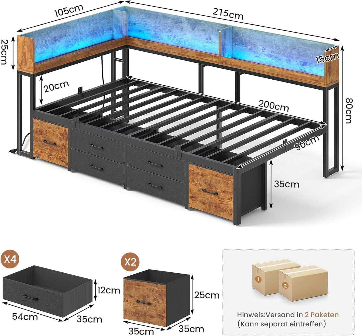 Bett 90x200 mit Stauraum Schlafsofa mit Integriertem Bücherregal & 6 Schubladen,Jugendbett mit LED-Beleuchtung & Ladestation Gästebett Tagesbett Bettgestell mit Lattenrost(Vintage Braun, 90x200cm)