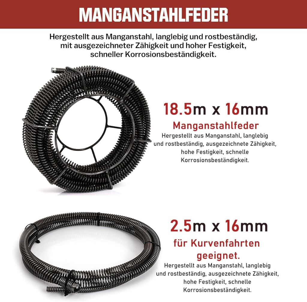 850W Elektrische Rohrreinigungsmaschine Satz zum Ø20-200mm Rohrleitungen Spirale 33m x Ø16 mm + 14m x Ø22mm, 5m x Ø10mm, Rohrreinigungsgerät Set Rohrreiniger Reinigung Abflussreiniger, 450U/M