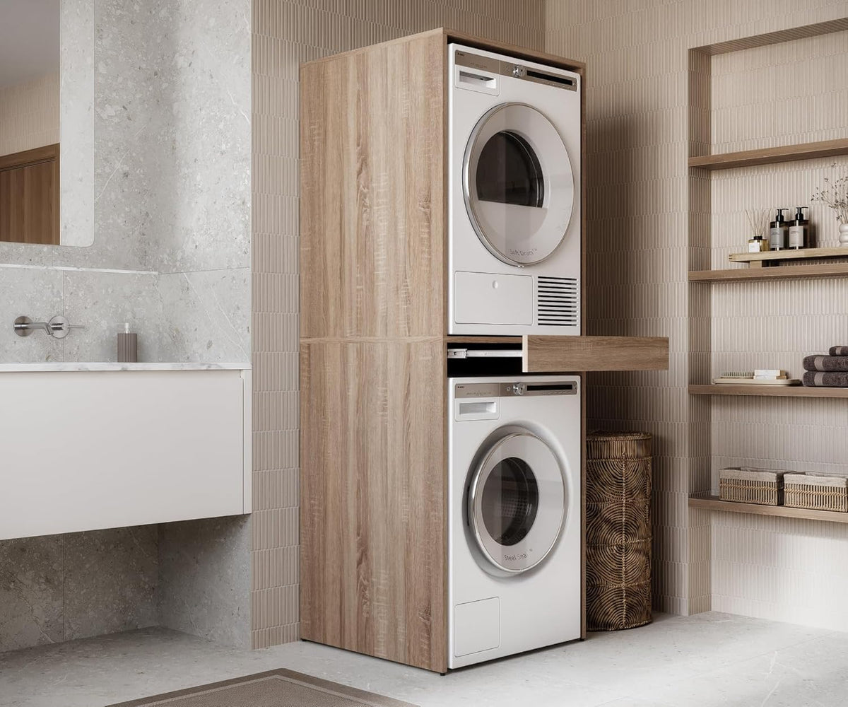 PLATAN ROOM Waschmaschine Trockner Schrank mit Ausziehbrett â€?Waschmaschinenschrank für Waschmaschine & Wäschetrockner â€?Überbauschrank 187 x 65 x 66 cm (Eiche Sonoma)