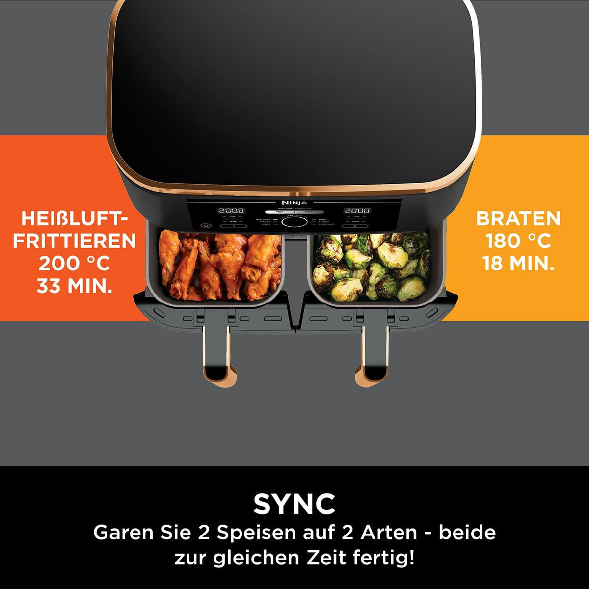 Ninja Foodi MAX Dual Zone Heißluftfritteuse AF400EUCP Amazon Exclusive, â€?470 Watt , 9,5 L, 2 Heißluft-Frittierfächer, 6 Funktionen, 27 x 41.5 x 32.5 cm, Kupfer/Schwarz