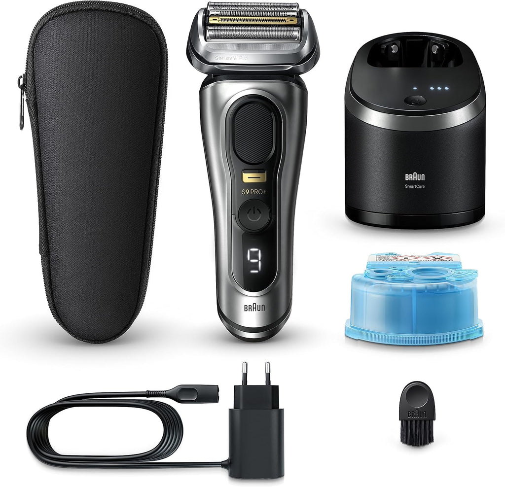 Braun Series 9 Pro+ Rasierer Herren Elektrisch, Elektrorasierer mit 5 Pro Rasierelementen, Rasierapparat ProTrimmer & Reinigungsstation, 60 Min Laufzeit, Made in Germany, 9567cc, Silber