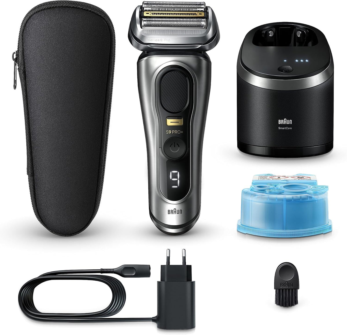 Braun Series 9 Pro+ Rasierer Herren Elektrisch, Elektrorasierer mit 5 Pro Rasierelementen, Rasierapparat ProTrimmer & Reinigungsstation, 60 Min Laufzeit, Made in Germany, 9567cc, Silber