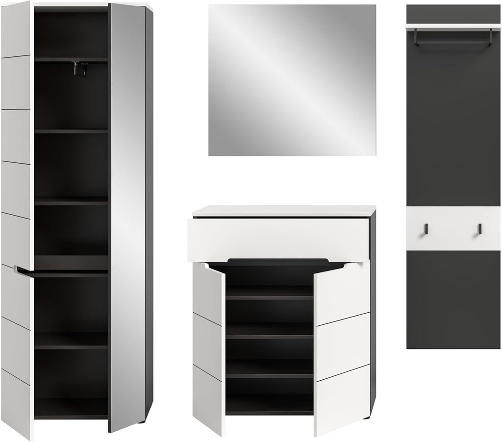 xonox.home - Garderobenkombination Canu 4tlg. 220x190x37 cm in Korpus Basalt grau Nb., Front weiß Nb. - Garderobenschrank Garderobenmöbel Flurmöbel-Set Flursystem Stauraumlösung