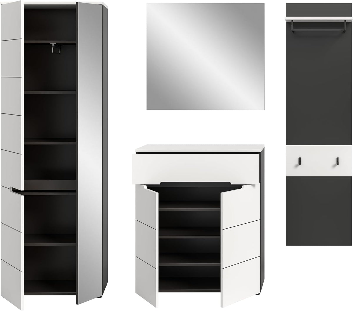 xonox.home - Garderobenkombination Canu 4tlg. 220x190x37 cm in Korpus Basalt grau Nb., Front weiß Nb. - Garderobenschrank Garderobenmöbel Flurmöbel-Set Flursystem Stauraumlösung