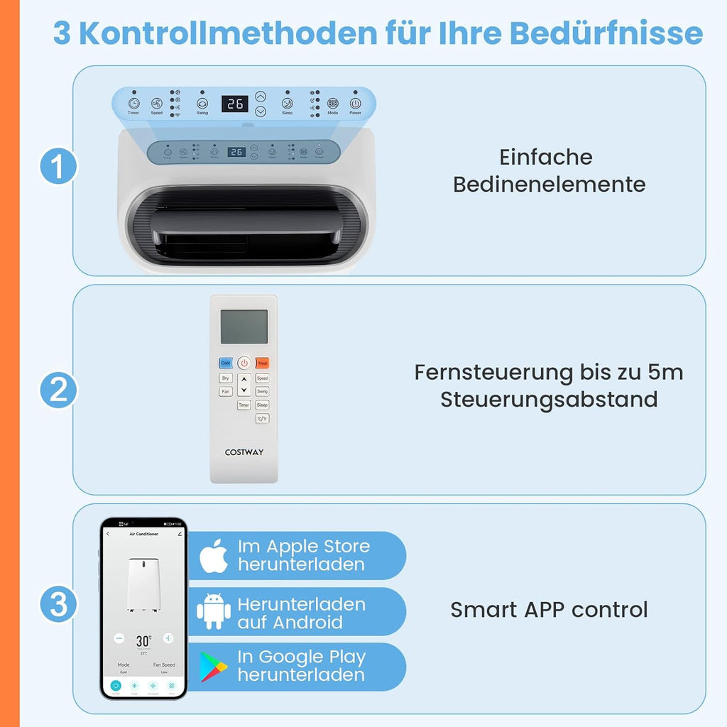COSTWAY Klimaanlage mobil 16000BTU, Klimagerät mit Abluftschlauch, 5 in 1 Kühlen & Heizen & Entfeuchten & Belüften & Schlafmodus für Räume bis zu 150 m³, Fernbedienung/App, 24H Timer, 4700W, â‰?7dB