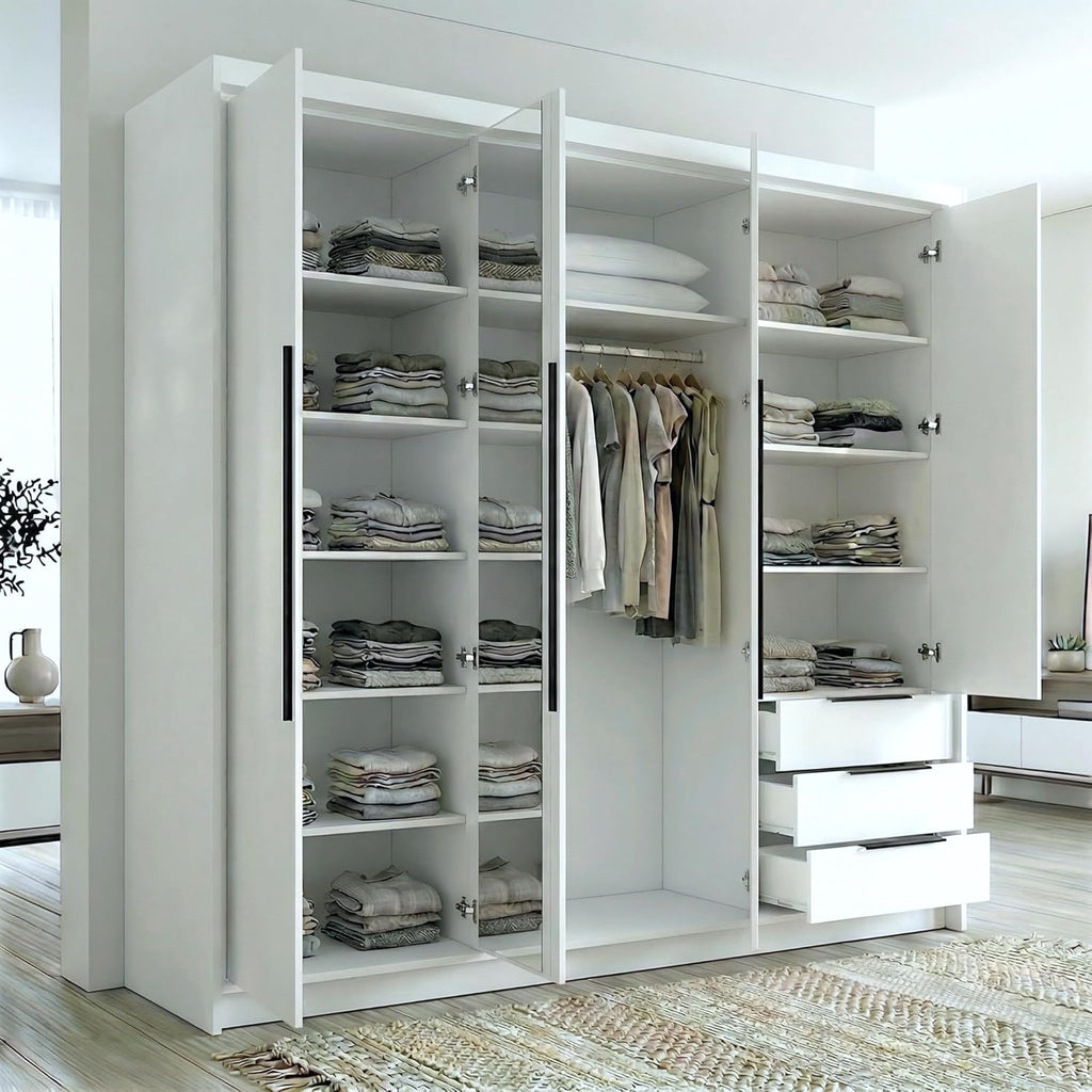 A und J MöbelLand VIVO Kleiderschrank 4-türig mit Spiegel und Schubladen - 200 x 215 cm - Drehtürenschrank mit Kleiderstange und Einlegeböden