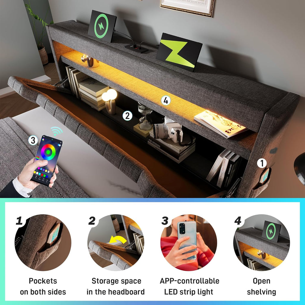 Polsterbett 140x200 cm, Stauraum-Kopfteil mit USB- und Typ-C Ladefunktion, Doppelbett mit Hydraulischem Stauraum, Bettgeltell mit LED und Lattenrost, Leinen, Grau, ohne Matratze