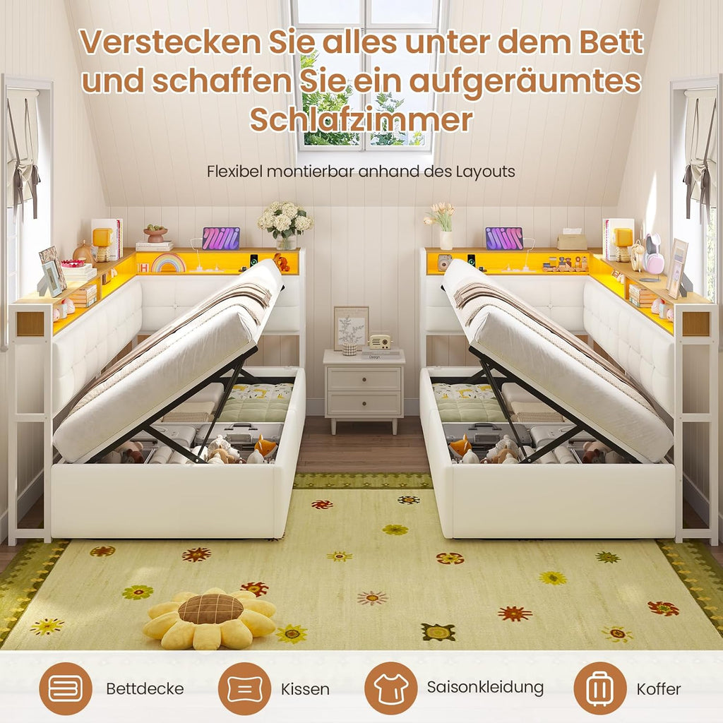 DICTAC Jugendbett 90x200 mit Stauraum, LED & Ladestation | Polsterbett mit hydraulischem Stauraum, zweistöckiges Ablagefach | Tagesbett Einzelbett in weißâ€?für Kinder, Jugendliche & Erwachsene