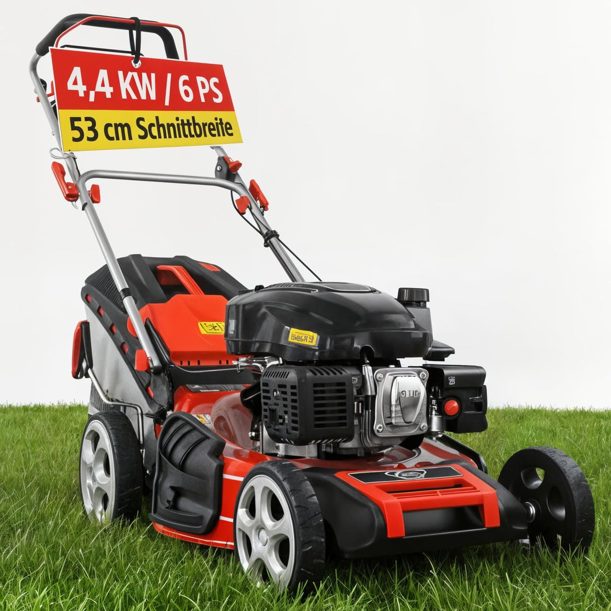 HECHT 5-IN-1 Benzin Rasenmäher â€?leistungsstarker 4 Takt Eco Motor 4,4 kW (6,0 PS) â€?Seilzug Starter â€?mit 53 cm Schnittbreite â€?75 l Fangkorb â€?Radantrieb â€?patentierte Räder â€?EasyClean â€?Mulchmäher