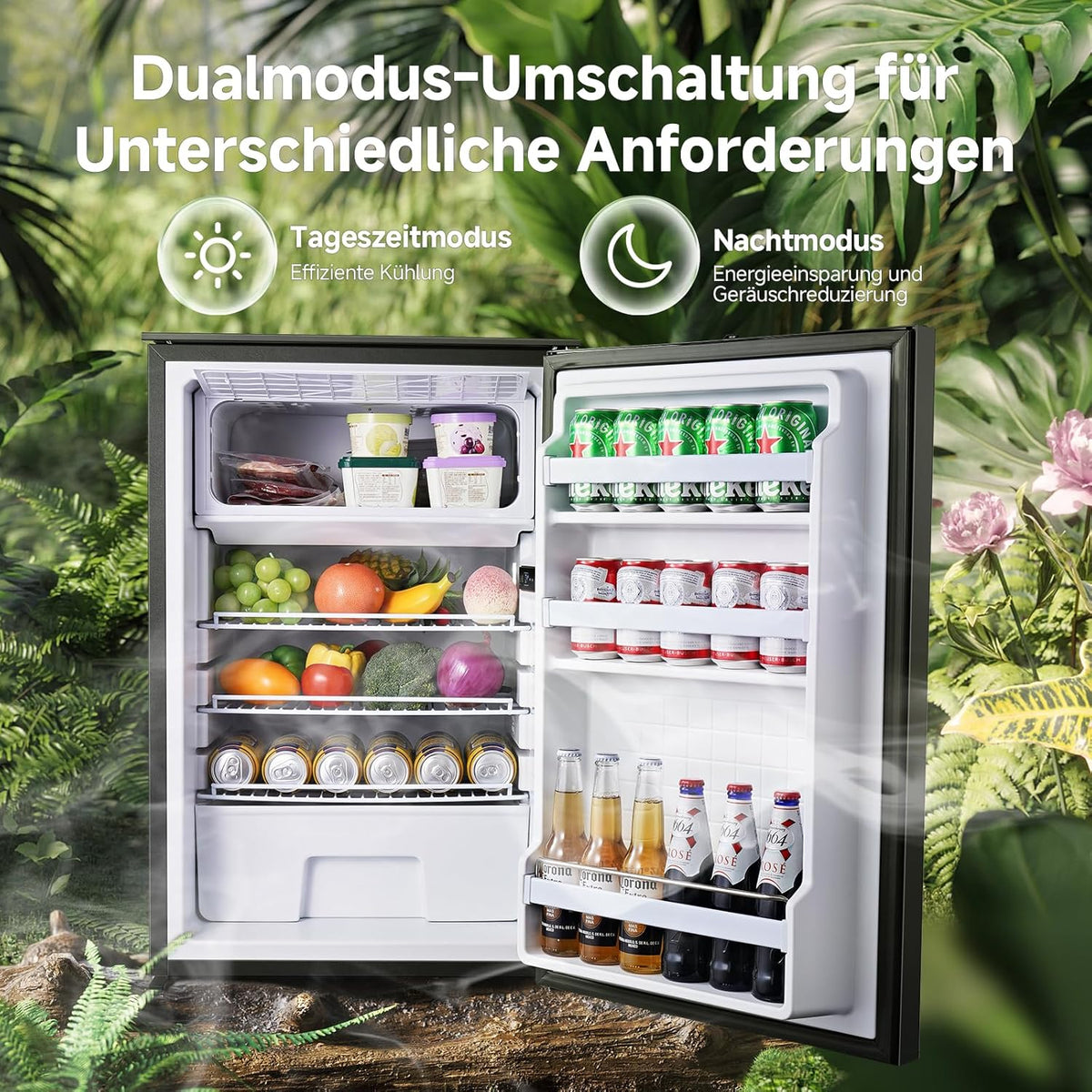 AAOBOSI 110L Kompressor Kühlbox, Zwei Temperaturzonen, Wohnmobil Kühlschrank mit LED-Leuchten, 12/24V DC, Großem Fassungsvermögen Kühlbox Auto, bis -15â„?für Auto, Wohnmobile, Boote, Camping und Reisen