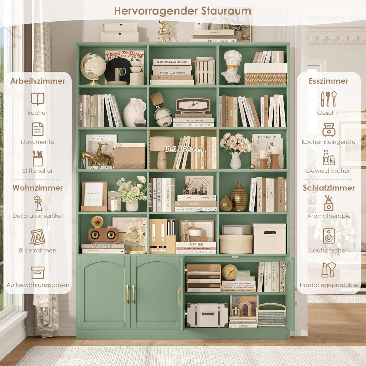 FirFurd 209 cm Bücherregal mit Türen Bücherschrank mit 15 Fächern Vitrinenschrank Hochschrank Holz Mehrzweckschrank groß für Wohnzimmer Arbeitszimmer Küche 150 x 23,7 x 209 cm Grün