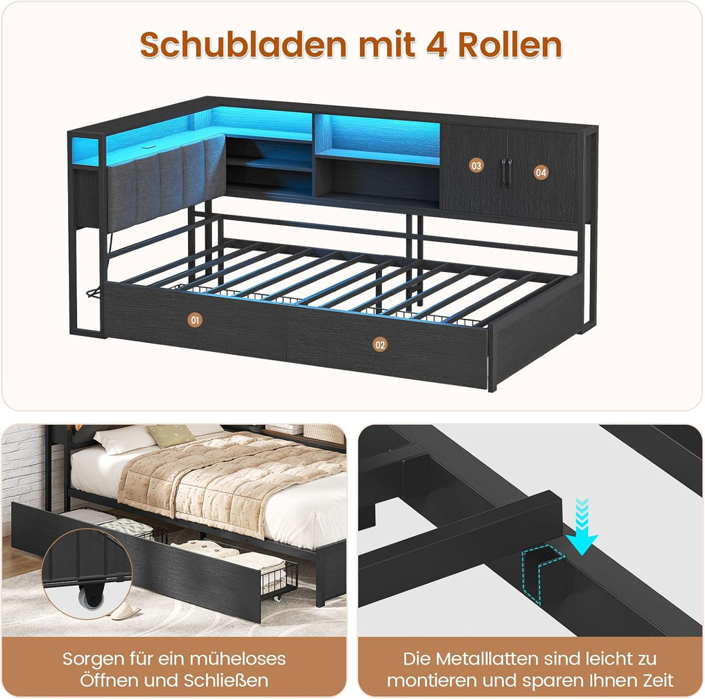 Polsterbett Schlafsofa 90x200 mit LED-Beleuchtung, Ladestation, Tagesbett, Jugendbett mit 2 Schubladen und Lattenrost aus Metall, Kopfteil mit Stauraum, Offene Regale, Schrank, Schwarz