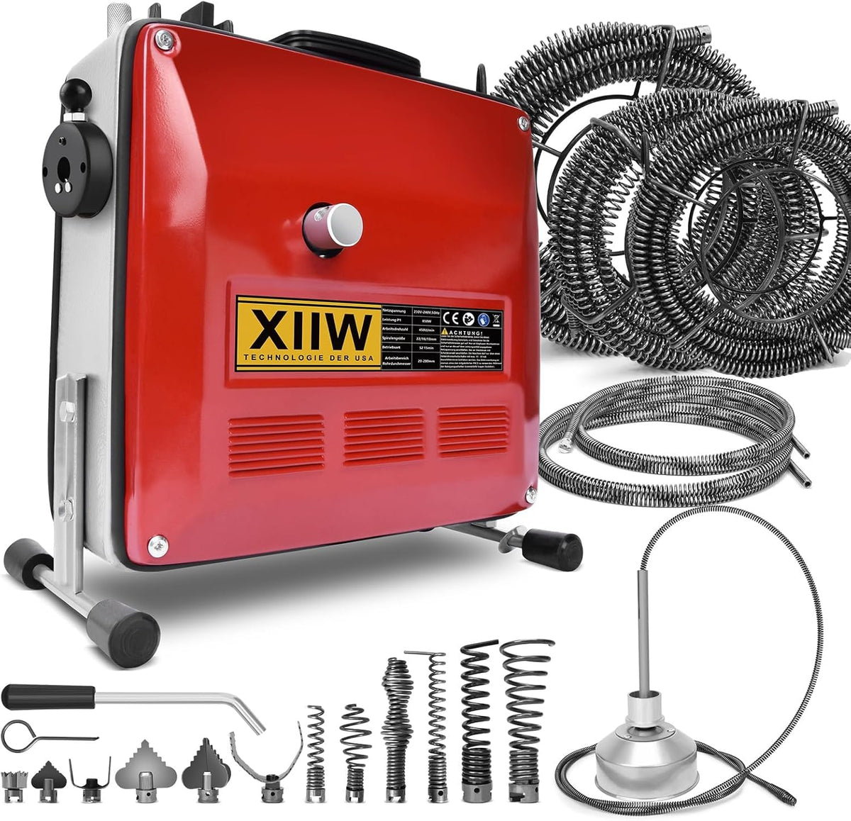 850W Elektrische Rohrreinigungsmaschine Satz zum Ø20-200mm Rohrleitungen Spirale 33m x Ø16 mm + 14m x Ø22mm, 5m x Ø10mm, Rohrreinigungsgerät Set Rohrreiniger Reinigung Abflussreiniger, 450U/M
