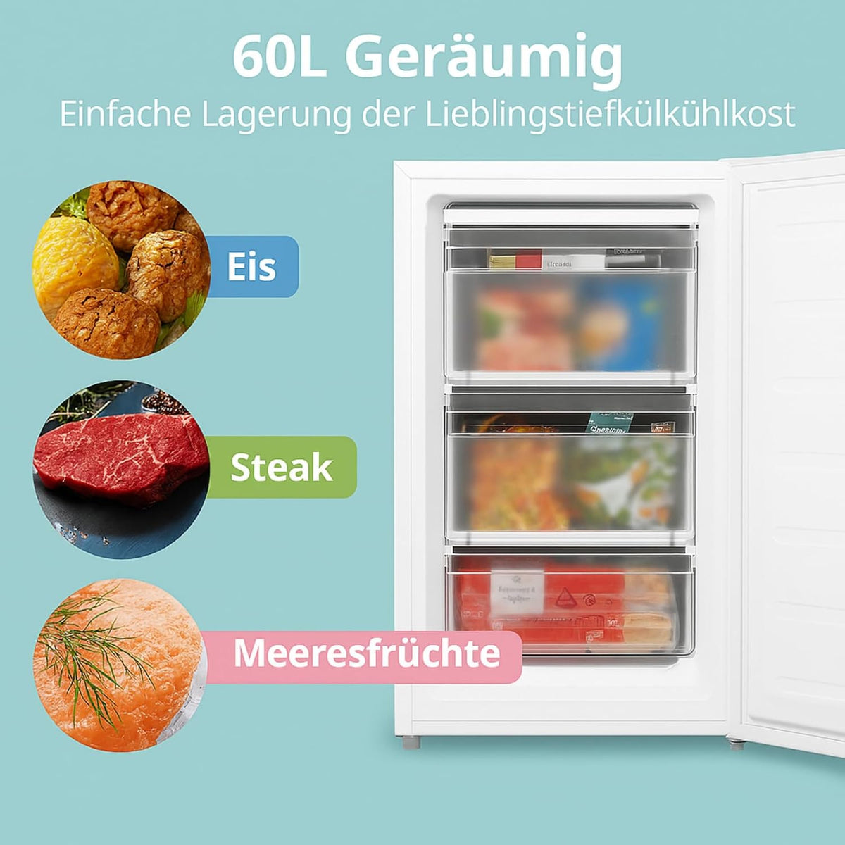 RCU60WH2(E) 60L Gefrierschrank senkrecht mit Schubladen, 3x Gefrierschublade, Eintür, einstellbare Temperatur, umkehrbare Tür, leise, Freistehend, Weiß