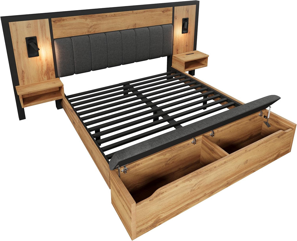 Kebnor Doppelbett Polsterbett, Bettanlage mit Leselampe und USB C Nachttisch und Sitzbank mit Stauraum, Bettgestell mit Lattenrost aus Metall, Holz und Leinen, Eiche(Ohne Matratze) (180×200cm)