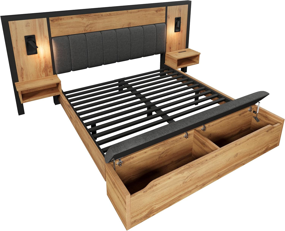 Kebnor Doppelbett Polsterbett, Bettanlage mit Leselampe und USB C Nachttisch und Sitzbank mit Stauraum, Bettgestell mit Lattenrost aus Metall, Holz und Leinen, Eiche(Ohne Matratze) (180×200cm)