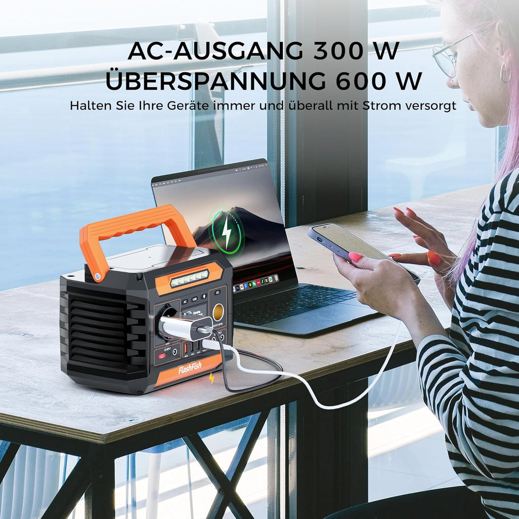 FlashFish 230Wh Tragbare Powerstation mit Solarpanel 60W, Solar Generator 300W(Spitze 600W) mit 2 DC-Anschlüsse, 4 USB-Anschlüsse, LED-Lichter, Notstromaggregat für Camping, Unterwegs,Stromausfälle