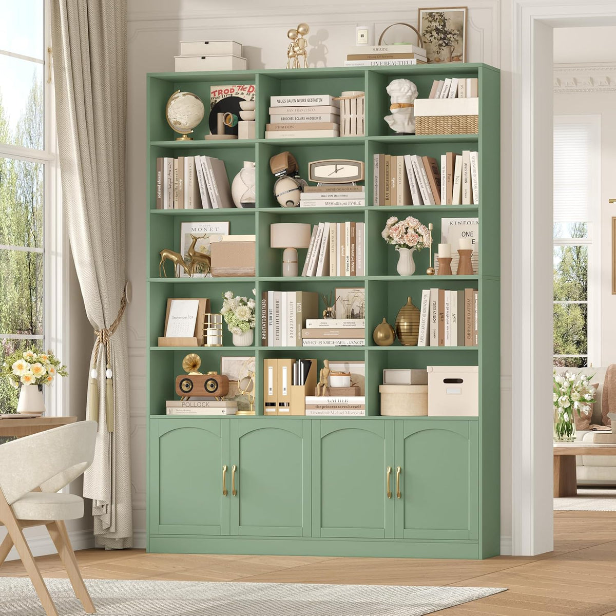 FirFurd 209 cm Bücherregal mit Türen Bücherschrank mit 15 Fächern Vitrinenschrank Hochschrank Holz Mehrzweckschrank groß für Wohnzimmer Arbeitszimmer Küche 150 x 23,7 x 209 cm Grün