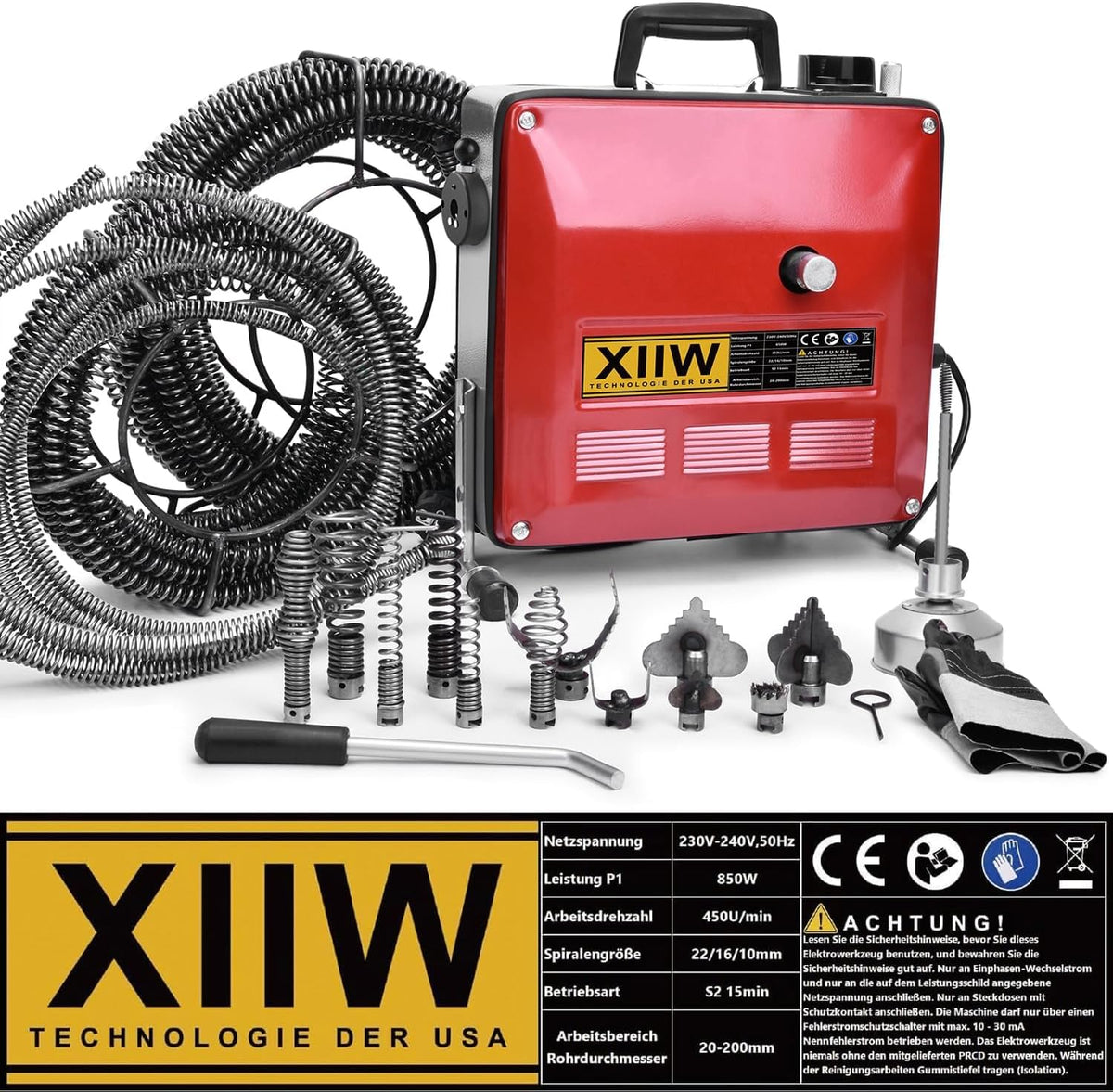 850W Elektrische Rohrreinigungsmaschine Satz zum Ø20-200mm Rohrleitungen Spirale 33m x Ø16 mm + 14m x Ø22mm, 5m x Ø10mm, Rohrreinigungsgerät Set Rohrreiniger Reinigung Abflussreiniger, 450U/M