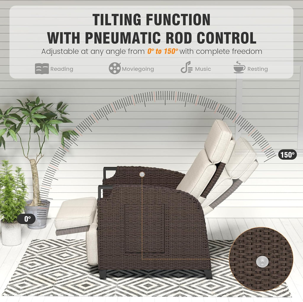 Amopatio Relaxliege Liegesessel, Rattan Sonnenliege mit Verstellbar Rückenlehne und Klapptisch, Outdoor Gartensessel wetterfestes, für Terrasse, Garten, Balkon â€?Beige & Braun