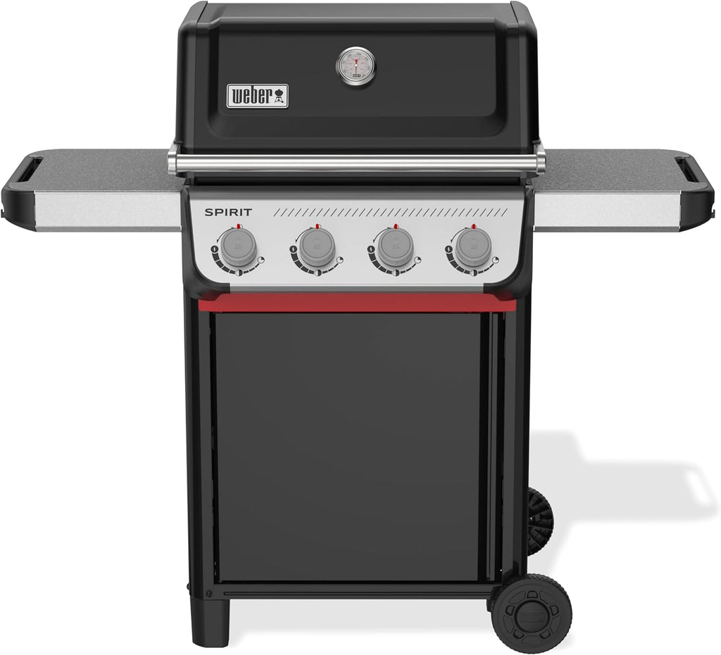 Weber Spirit E-410 Gasgrill / 4 Brenner, Snap-Jet Zündung, Robuste Räder und Warmhalterost, 51 x 46 cm Grillfläche, Kompatibel mit Weber Works Seitenablagen, Schwarz/Silber