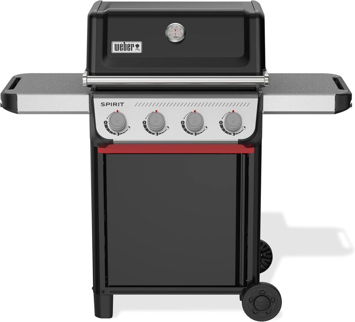 Weber Spirit E-410 Gasgrill / 4 Brenner, Snap-Jet Zündung, Robuste Räder und Warmhalterost, 51 x 46 cm Grillfläche, Kompatibel mit Weber Works Seitenablagen, Schwarz/Silber