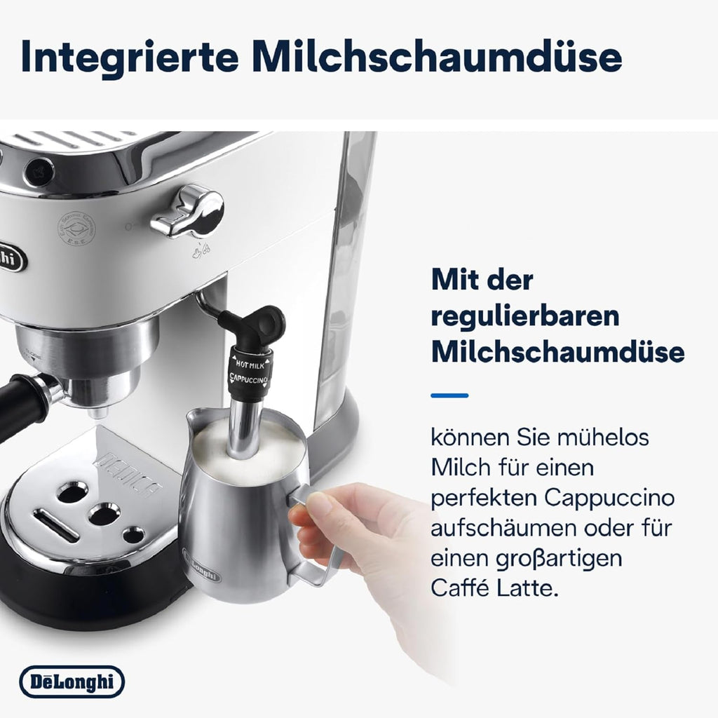 De'Longhi Dedica Style EC 685.M â€?Espresso Siebtrgermaschine, Espressomaschine mit professionellem Milchaufschumer, nur 15 cm breit, für Kaffeepulver oder ESE Pads, 1 l Wassertank, silber