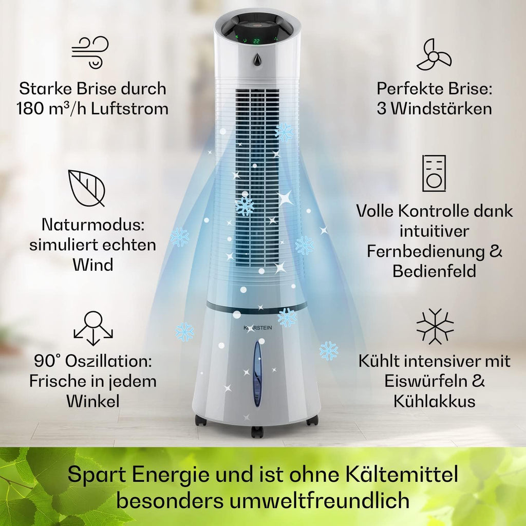 Klarstein 4-in-1: Smart Luftkühler, Ventilator, Luftbefeuchter & Ionisation I 6 L Wassertank, Oszillation, 30 W, 210 m³/h, Timer I Klimagerät ohne Abluftschlauch, Mobiles Klimagerät, Schwarz-Rosegold