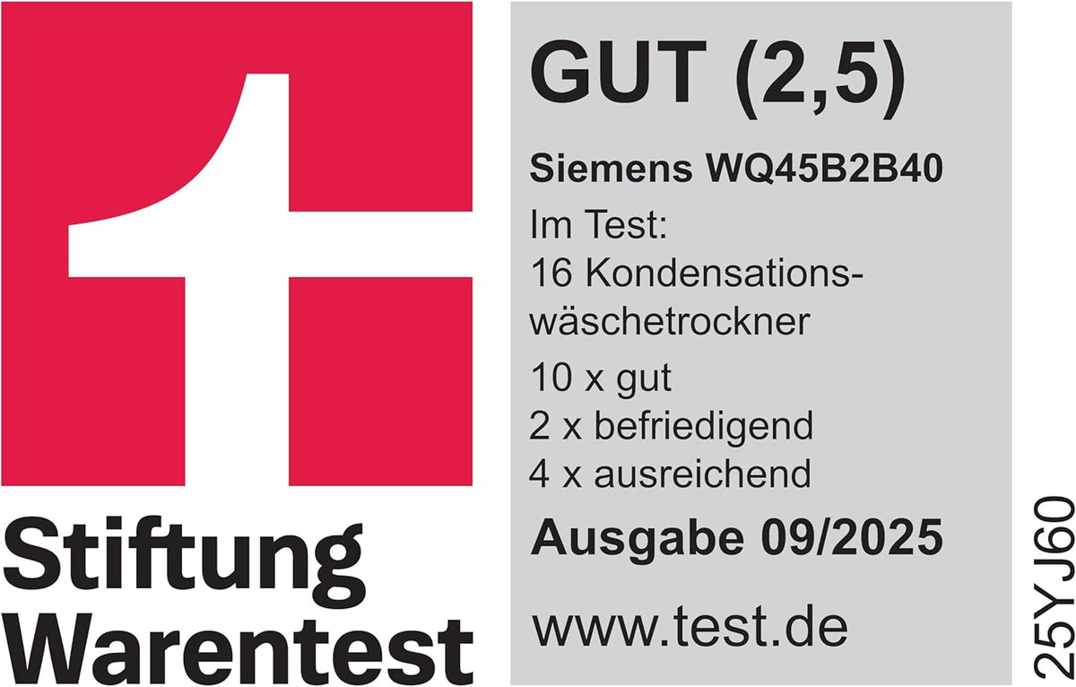 Siemens WQ45B2B40, Stiftung Warentest GUT (2,5) , iQ700 Smarter Wärmepumpen-Trockner 9kg, autoDry optimale Trocknung, selbstreinigender Kondensator, Touch LED-Display, intelligentDry, Outdoor-Programm