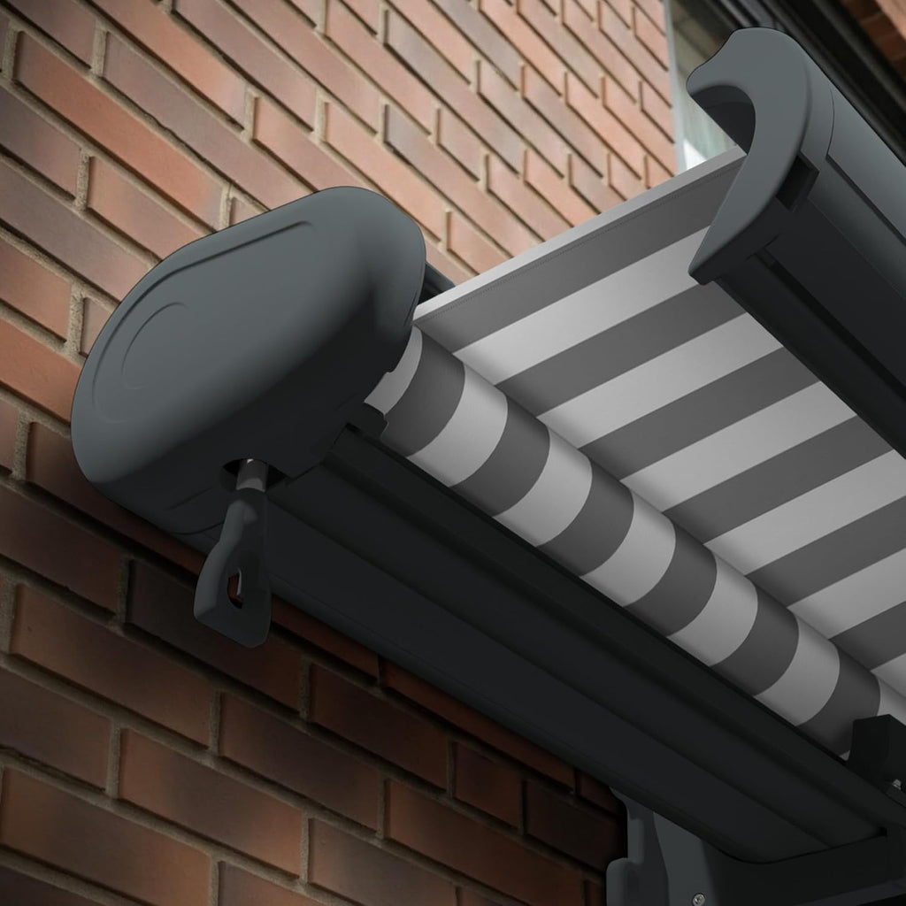 Eclipse Vollkassettenmarkise elektrisch 5,6x3,5 m basaltgraues Gehäuse Markise Balkon Terrassenüberdachung Gelenkarm Polyacryltuch UV-Schutz 50+ Smarthome-fähiger Dooya Motor, Markisentuch: Grau-Weiß