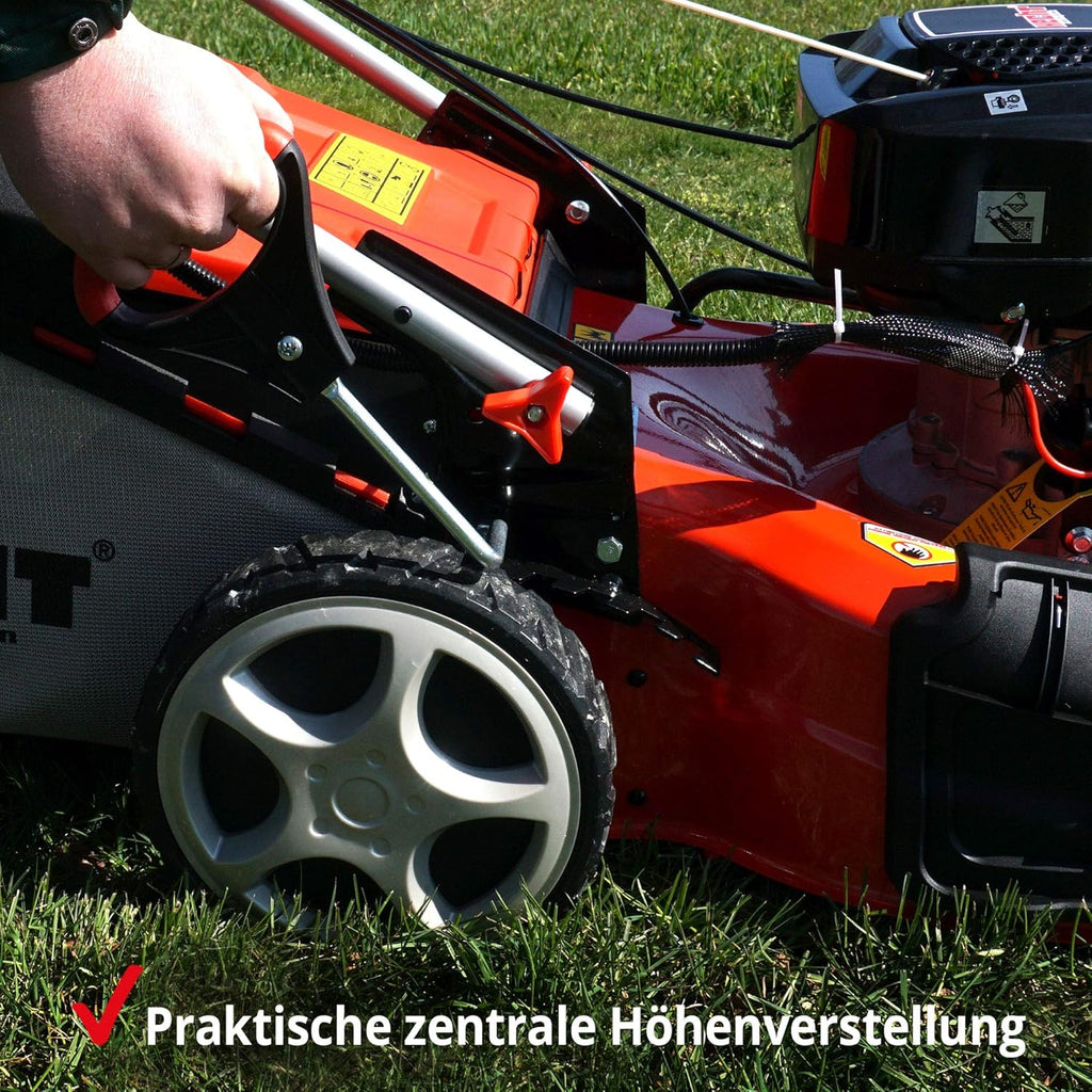 HECHT 5-IN-1 Benzin Rasenmäher â€?leistungsstarker 4 Takt Eco Motor 4,4 kW (6,0 PS) â€?Elektrostart â€?53 cm Schnittbreite â€?75 l Fangkorb â€?Radantrieb â€?patentierte Räder â€?Mulchmäher