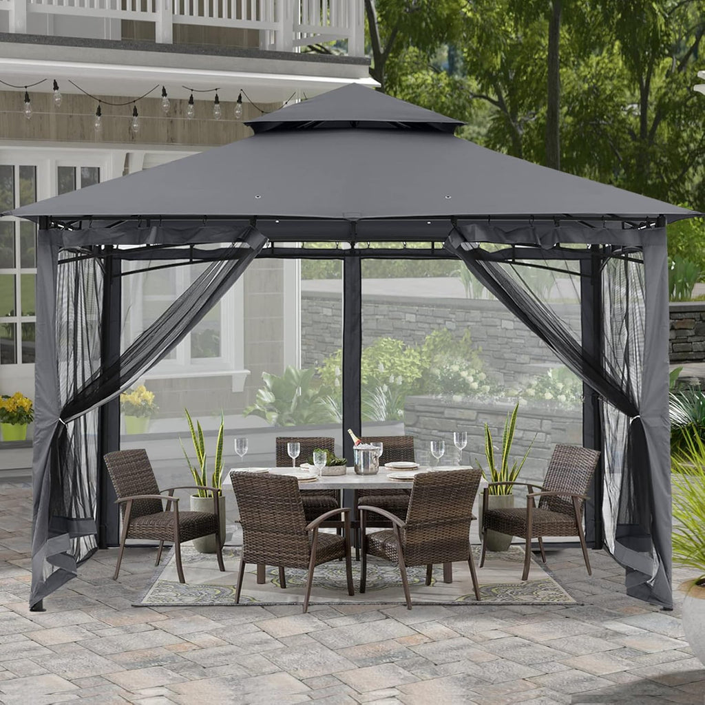 ABCCANOPY Pavillon 2.5x2.5m Wasserdicht Stabil Winterfest Gartenpavillon .Doppeldachweichdach Hinterhof-Partyzelt mit Netz für Schatten und Regen,Grau