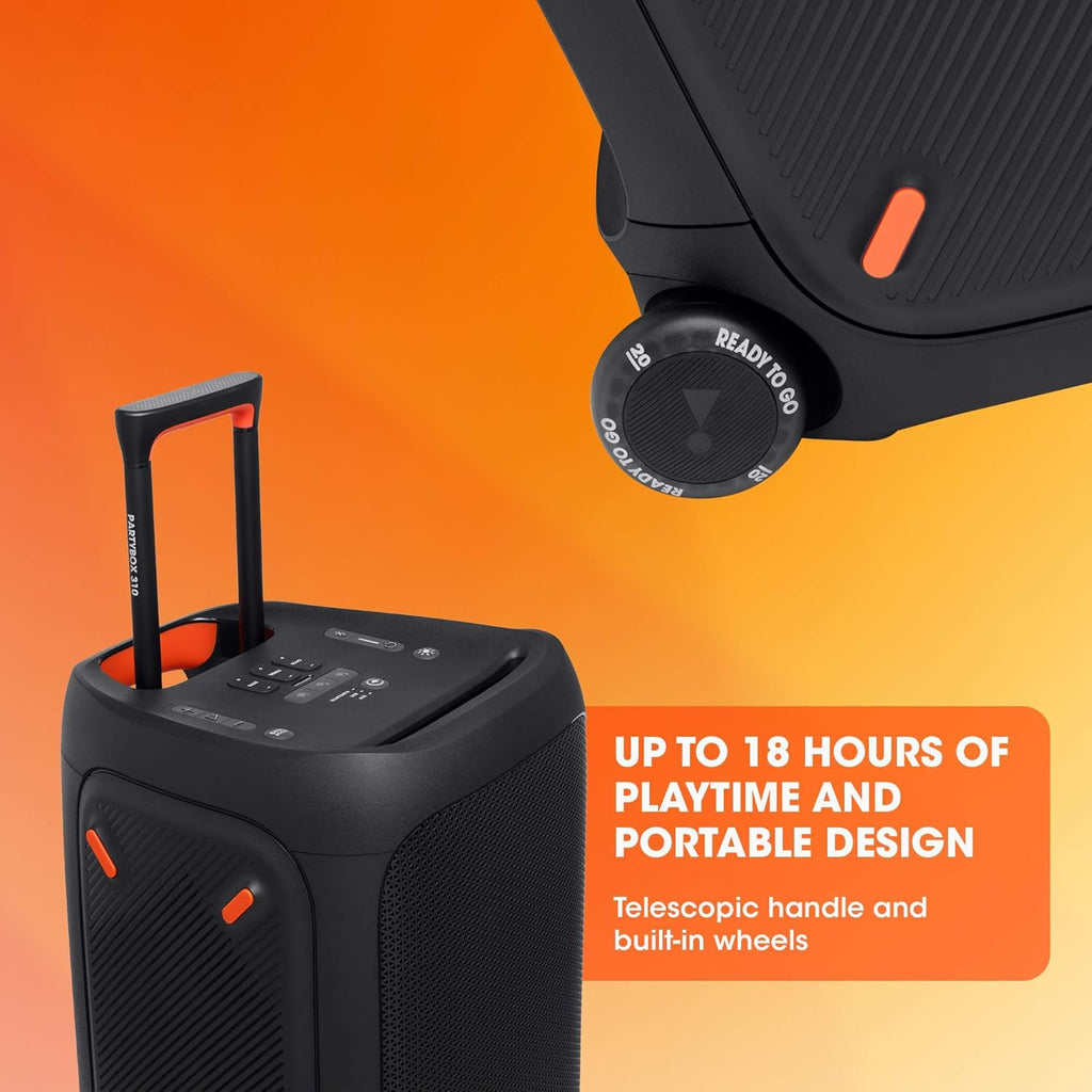 JBL PartyBox 710 - Schwarz â€?Trag - und rollbarer Bluetooth Party-Lautsprecher mit Lichteffekten â€?Spritzwassergeschützte, mobile Musikbox