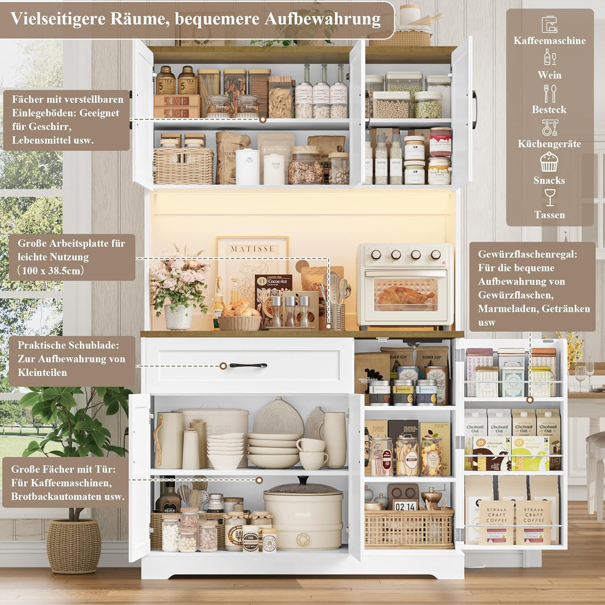 FirFurd 180cm Küchenschrank mit LED & Gewürzregal Buffetschrank Sideboard für Küche mit Steckdosenleiste Küchenschrank mit Arbeitsplatte Küchenbuffet Küchenmöbel 180x100x38cm weiß