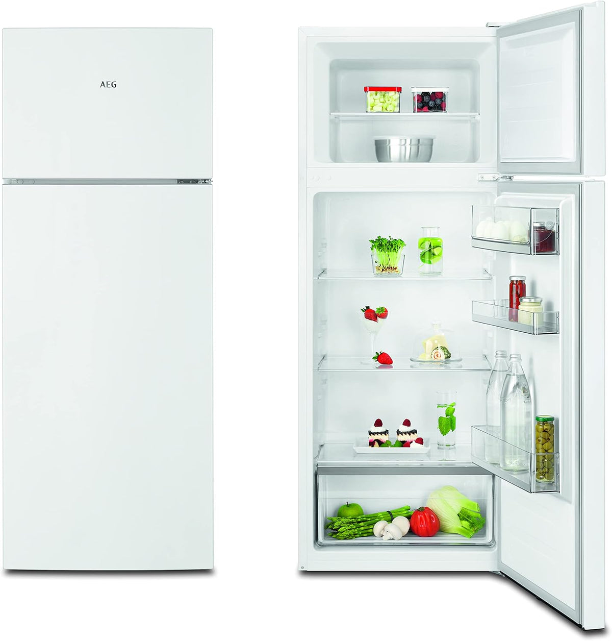 AEG RDB424E1AW Freistehender Doppeltür - Kühlautomat/Serie 5000 mit ColdSense / 1434 mm/Gefrierteil oben / 206 L/LowFrost â€?weniger Eisbildung/Farbe: Weiß/E