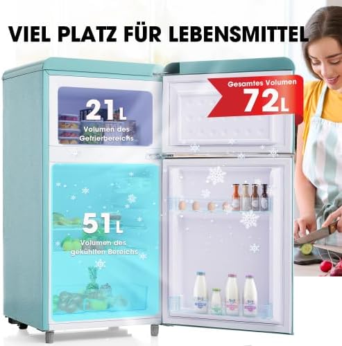 Merax Retro Kühlschrank mit Gefrierfach â€?72L Mini Kühlschrank, 21L Gefrierfach, 120 kWh/Jahr, Energieklasse E, LED-Licht, Cyan â€?Ideal für kleine Haushalte