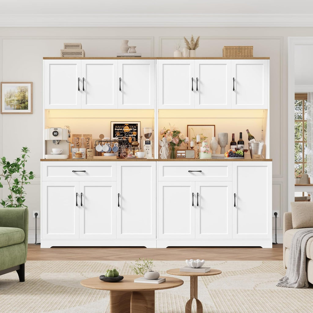 FirFurd 180cm Küchenschrank mit LED & Gewürzregal Buffetschrank Sideboard für Küche mit Steckdosenleiste Küchenschrank mit Arbeitsplatte Küchenbuffet Küchenmöbel 180x100x38cm weiß