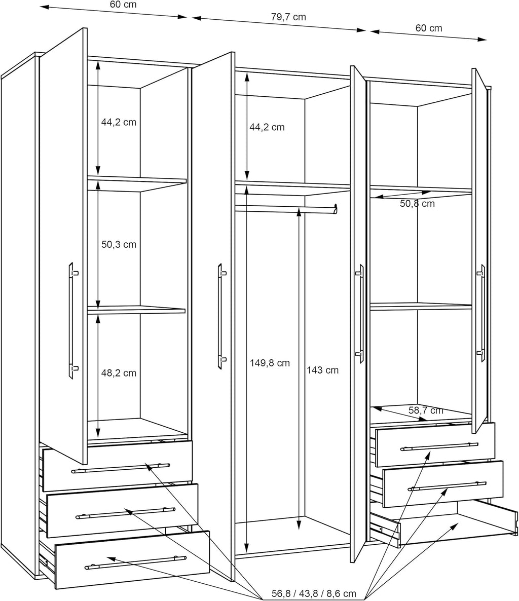 Forte Jupiter Kleiderschrank 205, Großer Schrank mit 4 Türen und 6 Schubladen, Holzwerkstoff, Weiß/Betonoptik Lichtgrau, 205,9 cm breit, 200 cm hoch, 53 cm tief