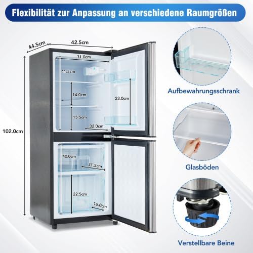 Merax Retro Kühlschrank mit Gefrierfach â€?106L Mini Kühlschrank, 60L Kühlschrank + 46L Gefrierschrank, 7 Temperatureinstellungen, LED-Licht, Silber-Tür, 166 kWh/Jahr, Energieklasse E