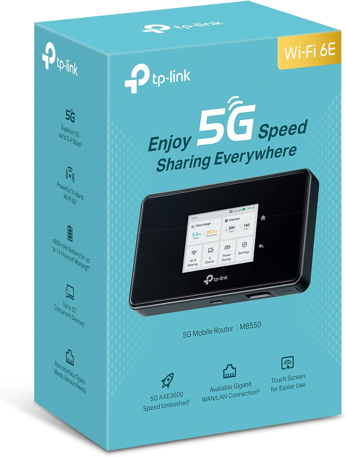 TP-Link M8550 5G LTE Mobiler WLAN Router â€?Bis zu 3,4 Gbit/s, Tri-Band Wi-Fi 6E, Nano-SIM-Karten Slot, Gigabit WAN/LAN, 4680 mAh Akku, Touchscreen, Wireguard, bis zu 32 Geräte