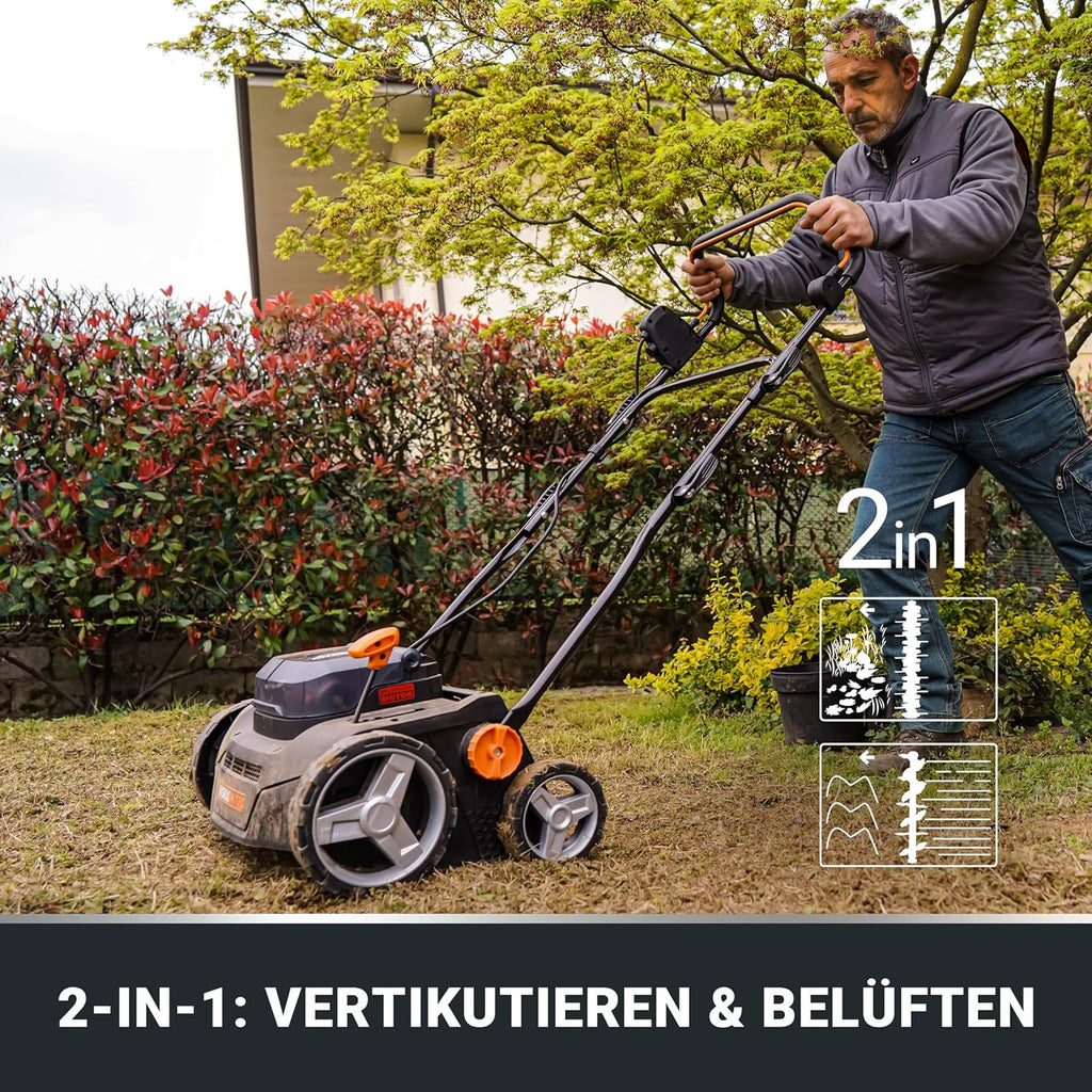 WORX Nitro Akku Vertikutierer  und  Rasenlüfter WG855E.9 - bis zu 400 m2 - Rechenbreite Arbeitsbreite 36 cm - bürstenloser Motor - 4 Stufe Höhenverstellung - inkl. 40 L Grasbeutel - ohne Akku  und  Ladegerät