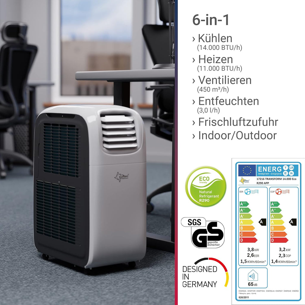 SUNTEC Mobiles Klimagerät Transform 14.000 Eco R290 APP â€?Klimaanlage mobil und leise mit Smart App Steuerung â€?Entfeuchter für Räume bis 70 qm â€?Mobile Kühlung & Heizung für zuhause â€?14.000 BTU