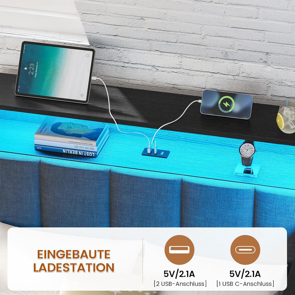 Polsterbett Schlafsofa 90x200 mit LED-Beleuchtung, Ladestation, Tagesbett, Jugendbett mit 2 Schubladen und Lattenrost aus Metall, Kopfteil mit Stauraum, Offene Regale, Schrank, Schwarz