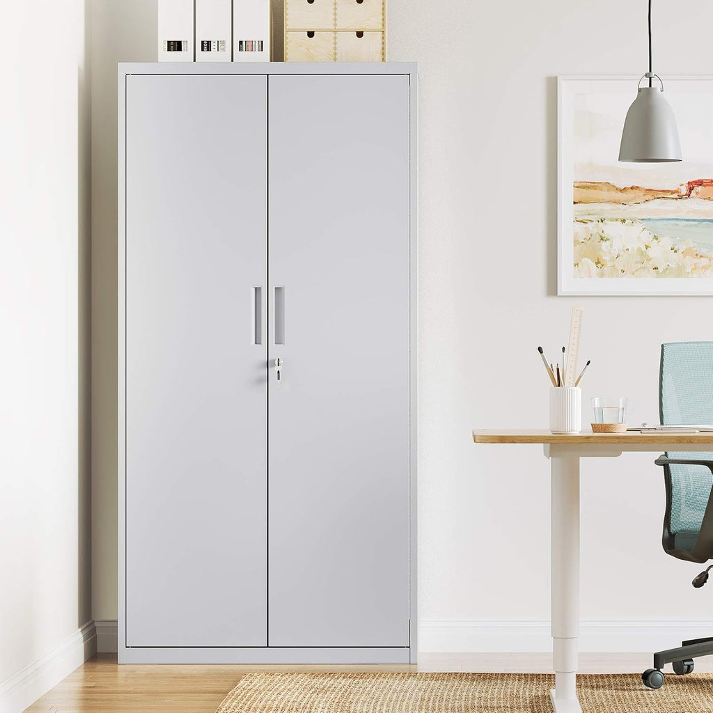 SONGMICS Aktenschrank, Mehrzweckschrank, Stahl-Aufbewahrungsschrank, 5 Ebenen, Doppeltüren, Schloss, Werkzeugschrank, verstellbare Ablagen, Garage, Büro, Wohnzimmer, grau OMC015G01