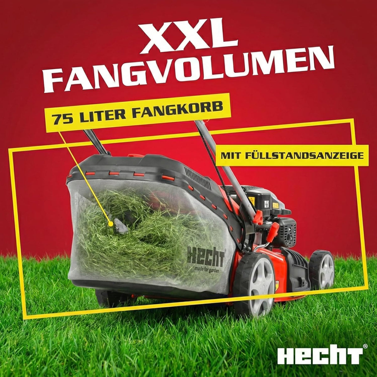 HECHT 5-IN-1 Benzin Rasenmäher - leistungsstarker 4 Takt Eco Motor 4,4 kW (6,0 PS) - Elektrostart - 53 cm Schnittbreite - 75 l Fangkorb - Radantrieb - patentierte Räder - Mulchmäher