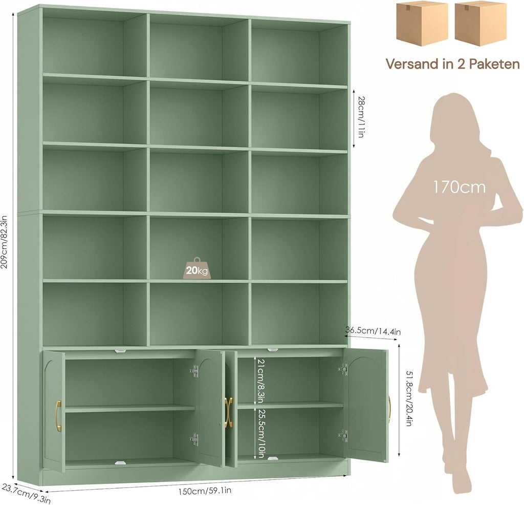 FirFurd 209 cm Bücherregal mit Türen Bücherschrank mit 15 Fächern Vitrinenschrank Hochschrank Holz Mehrzweckschrank groß für Wohnzimmer Arbeitszimmer Küche 150 x 23,7 x 209 cm Grün